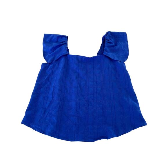 Cupio Blue Summer Blouse Woman Size Small Flutter Cap Sleeve Smocked Back - Picture 3 of 9